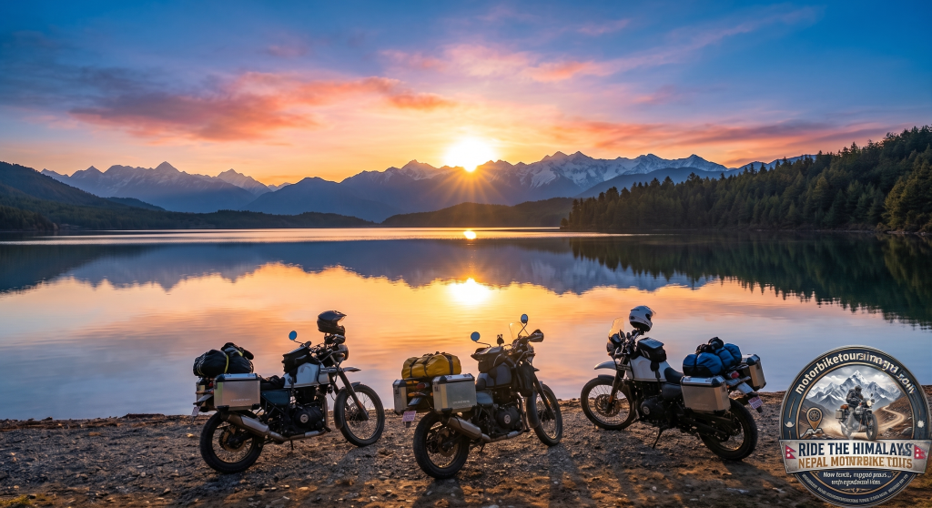 A breathtaking sunrise over Rara Lake during a Rara Lake Motorbike Tour. Three loaded adventure motorcycles with panniers sit parked on the pebbly shoreline in the foreground, with their reflections and the golden morning sun mirrored perfectly across the calm alpine water. Snow-dusted mountains and pine forests frame the background, with the Nepal Motorbike Tours logo in the bottom right corner.