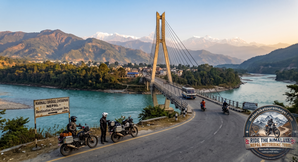 A wide landscape view of the single-tower cable-stayed Karnali Bridge over the turquoise Karnali River in Chisapani, Nepal, along a Nepal Motorbike Tour route, with mountains in the background and a logo badge in the corner.
