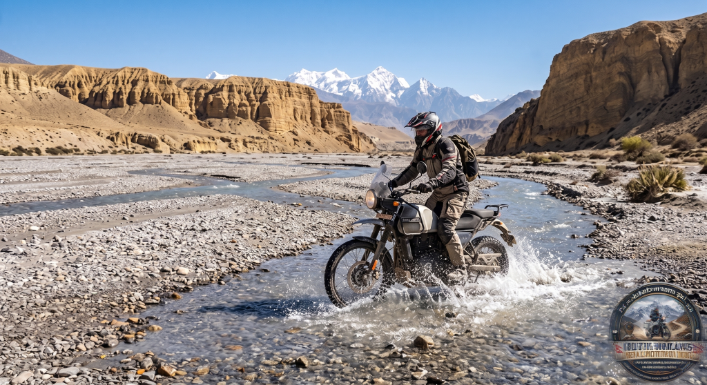 An adventure motorcyclist crossing a shallow gravel riverbed in lower Mustang, Nepal, kicking up water. The background shows characteristic eroded cliffs and distant snow-capped Himalayan mountains.