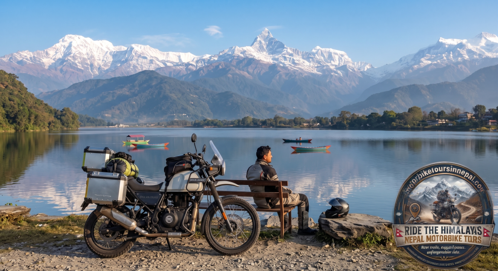 Muktinath Motorbike Tour rider resting on a bench along the shore of Phewa Lake in Pokhara, with a fully loaded adventure motorcycle parked nearby and the snow-capped Annapurna mountain range looming in the background.