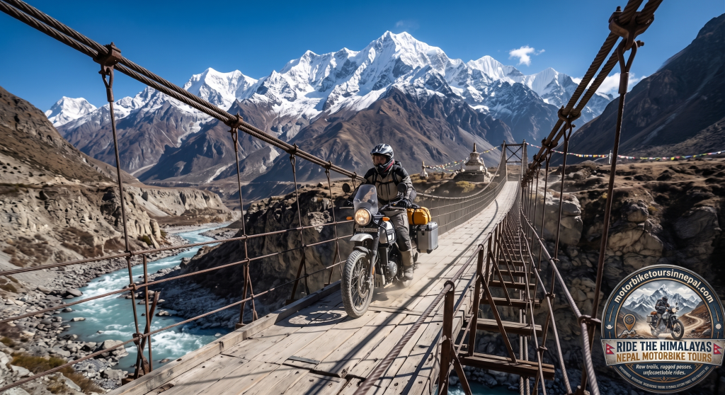 An adventure motorcyclist on a Rara Lake Motorbike Tour crosses a high, cable suspension bridge over a deep river gorge with a turquoise river. Massive snow-capped Himalayan peaks and a small Buddhist stupa are visible under a clear blue sky.