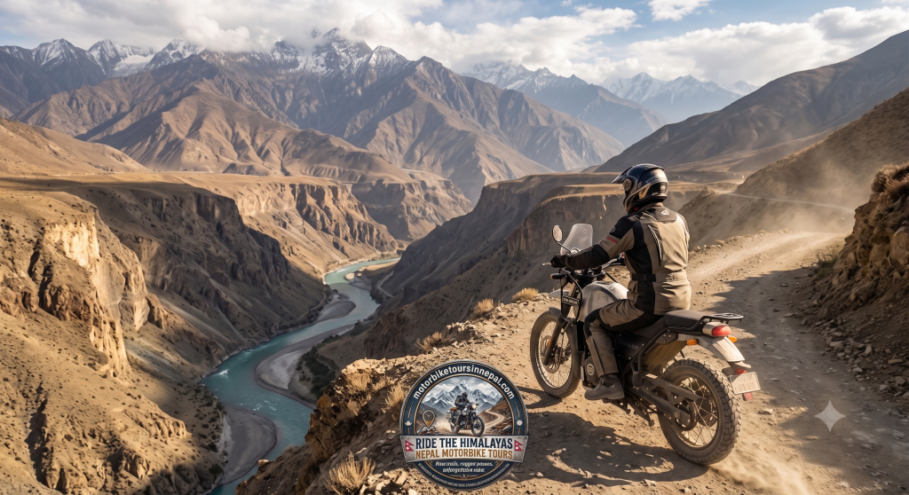 A dual-sport motorcyclist in full protective gear stops on a high, dusty cliffside trail during a Rara Lake Motorbike Tour. The rider overlooks a dramatic mountain gorge where the turquoise Karnali River winds far below, backed by rugged arid hills and snow-capped Himalayan peaks under a bright sky. The Nepal Motorbike Tours logo is embedded at the bottom center.