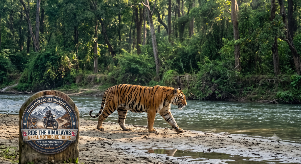 A wild Royal Bengal Tiger is seen on a wildlife trip during a Nepal Terai Motorbike Tour, walking along a muddy riverbank in a dense jungle with the official Nepal Motorbike Tours logo visible on a marker.