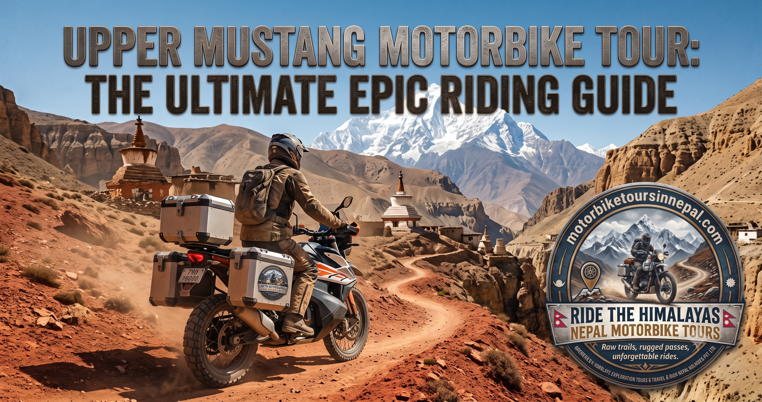 Motorcyclist riding an adventure bike on a dirt trail in Upper Mustang Nepal with Himalayan mountains, Buddhist chortens, and post title overlay.